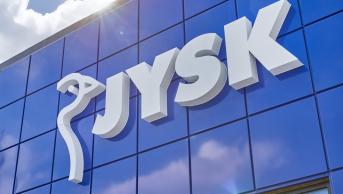 A blue and white JYSK store front